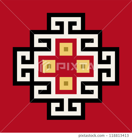 Chakana or also Andean Cross, a stepped cross, based on a detail of an Inca tunic or also called uncu. Textile design and motif of the Inca Empire from 15th century CE. Isolated illustration. Vector. Chakana or also Andean Cross, a stepped cross, based on a detail of an Inca tunic or also called uncu. Textile design and motif of the Inca Empire from 15th century CE. Isolated illustration. Vector. 118813413