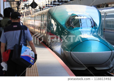 The front car of the Shinkansen Hayabusa, the Tohoku Shinkansen Hayabusa arriving at Tokyo Station 118813492