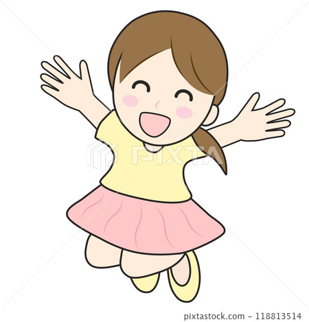Illustration of a girl jumping with open arms and a smile Illustration of a girl jumping with open arms and a smile 118813514