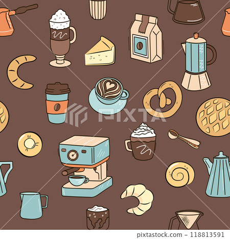 Bakery, coffee shop, cafe brown background. Seamless color pattern in doodle contains coffee, fresh pastries. Bakery, coffee shop, cafe brown background. Seamless color pattern in doodle contains coffee, fresh pastries. 118813591