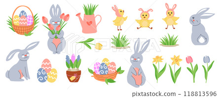 Big easter set of cute characters and holiday decor. Vector decoration collection: eggs, rabbit, basket, chick, spring grass. Spring garden flowers. 118813596