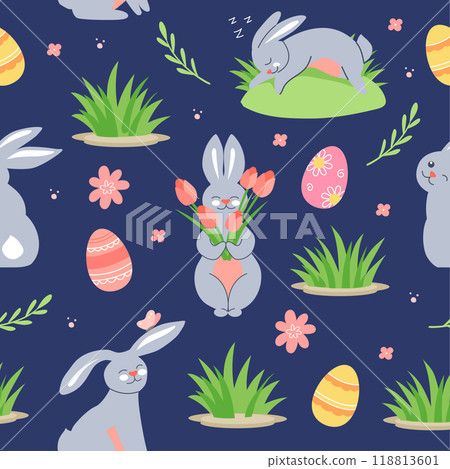 Easter beautiful seamless background. Cute cartoon rabbits and flowers on a dark blue background. 118813601