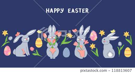 Happy Easter banner with cute spring bunny and flowers. Easter cartoon rabbits on blue background. 118813607