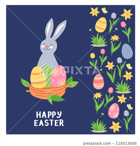Happy Easter greeting card template. Cute rabbit, nest with eggs and spring flowers on blue background. Vector editable illustration. Happy Easter greeting card template. Cute rabbit, nest with eggs and spring flowers on blue background. Vector editable illustration. 118813608