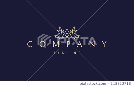 Vector golden logo with an abstract image of a candle flame with branches and leaves on the sides. Vector golden logo with an abstract image of a candle flame with branches and leaves on the sides. 118813718