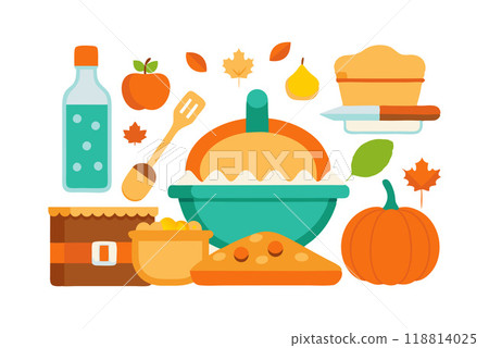 Illustration of autumn baking essentials with pie, pumpkin, and apples for seasonal cooking 118814025