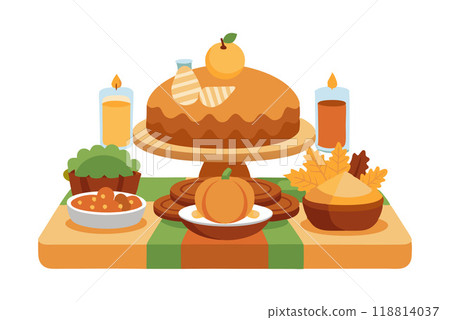 Thanksgiving festive feast with pumpkin pie, candles, cake, and autumn leaves Thanksgiving festive feast with pumpkin pie, candles, cake, and autumn leaves 118814037