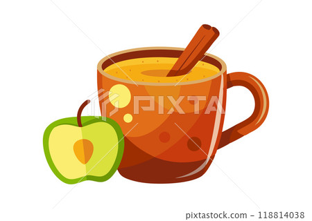 Illustration of a hot apple cider in a mug with a cinnamon stick and a green apple Illustration of a hot apple cider in a mug with a cinnamon stick and a green apple 118814038
