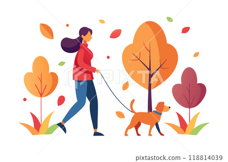Illustration of woman walking dog in autumn park, colorful leaves falling Illustration of woman walking dog in autumn park, colorful leaves falling 118814039