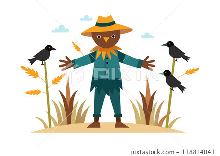 Illustration of scarecrow in field with crows and wheat, representing autumn harvest and rural life 118814041
