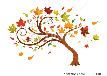 Colorful autumn tree with swirling branches and falling leaves 118814042