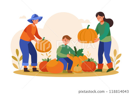 Family harvesting pumpkins on a fall day filled with joy and togetherness Family harvesting pumpkins on a fall day filled with joy and togetherness 118814043