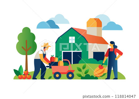 Illustration of farmers harvesting fresh produce in a countryside farm. Features a barn, trees, and a wheelbarrow filled with fruits and vegetables. 118814047