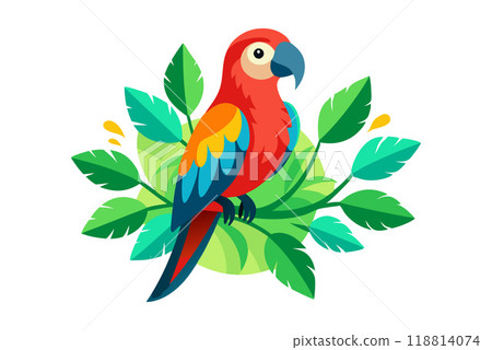 Colorful illustration of a parrot perched on green branches, surrounded by lush leaves. Represents tropical, exotic, and nature themes. 118814074