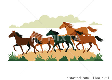 Colorful vector illustration depicting a herd of horses running in a grassy field, showcasing freedom and nature. 118814081