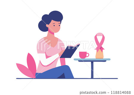 Woman reading a book with a cup of tea and pink ribbon supporting breast cancer awareness 118814088