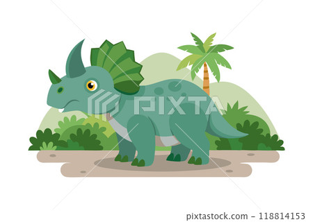 Illustration of a cute cartoon triceratops dinosaur standing in a prehistoric jungle setting with tropical plants and palm trees. 118814153