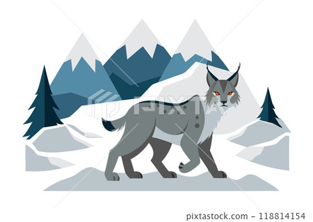 A stylized illustration of a lynx walking in a snowy mountain landscape with pine trees and rocky terrain. A stylized illustration of a lynx walking in a snowy mountain landscape with pine trees and rocky terrain. 118814154