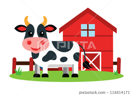 Colorful cartoon of a cheerful cow by a red barn, representing farm life and agriculture. Ideal for children's educational materials. Colorful cartoon of a cheerful cow by a red barn, representing farm life and agriculture. Ideal for children's educational materials. 118814171