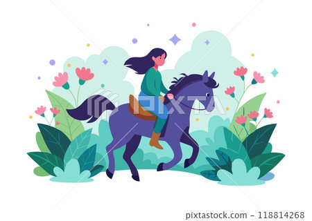 Illustration of a woman riding a horse through a vibrant floral garden, evoking a sense of adventure and nature. 118814268