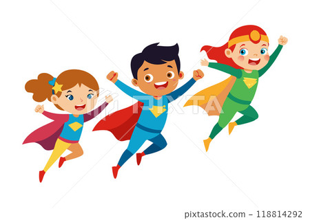 Three happy children dressed as superheroes flying in the air, showcasing teamwork, imagination, and fun. Three happy children dressed as superheroes flying in the air, showcasing teamwork, imagination, and fun. 118814292