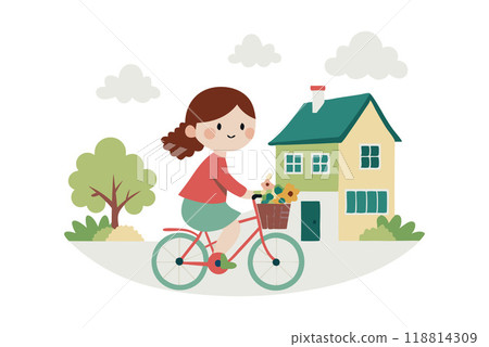 Charming cartoon depicting a young girl cycling past a quaint house with flowers in her bicycle basket. Perfect for themes of childhood, outdoor activities, and simple joys. 118814309