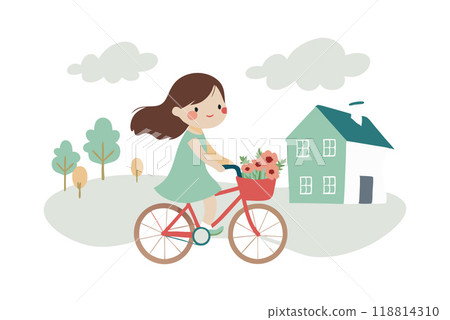 Cute illustration of a girl on a bicycle with a basket of flowers, passing by a house in a picturesque setting with trees and clouds. 118814310