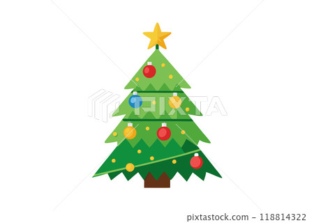 Illustration of a decorated Christmas tree with ornaments and a star on top 118814322