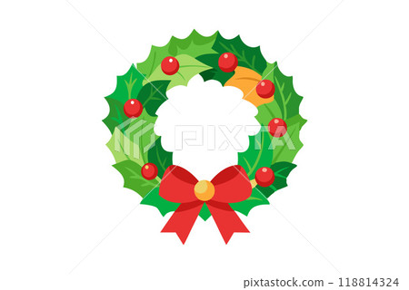 Festive Christmas wreath with holly berries and red bow on white background Festive Christmas wreath with holly berries and red bow on white background 118814324