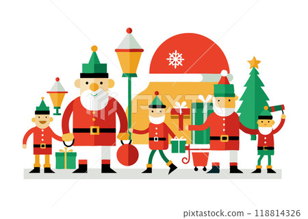 Colorful Christmas illustration with Santa Claus, elves, and gifts in festive scene Colorful Christmas illustration with Santa Claus, elves, and gifts in festive scene 118814326