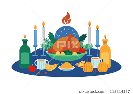 Festive dinner table with roasted turkey, candles, pumpkins, and various drinks for Thanksgiving celebration Festive dinner table with roasted turkey, candles, pumpkins, and various drinks for Thanksgiving celebration 118814327