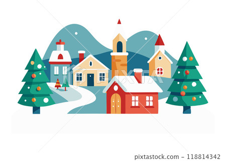 Beautiful winter village with Christmas trees and festive decorations in snowy landscape 118814342