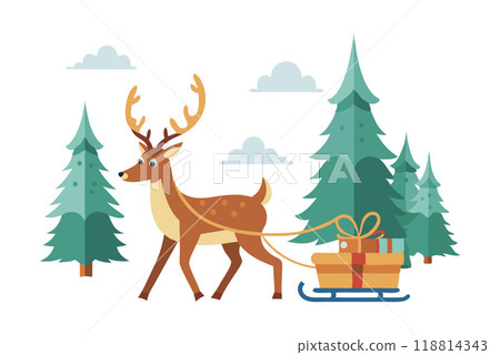 Cartoon reindeer pulling a sleigh with presents through a snowy forest under a cloudy sky 118814343
