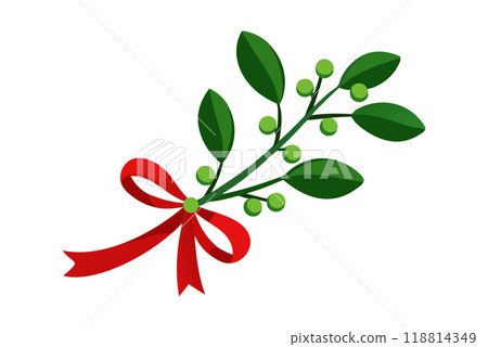 Festive mistletoe branch with red ribbon for Christmas and holiday decoration 118814349