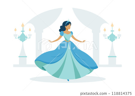 Illustration of an elegant princess in a blue dress gracefully dancing inside a castle. The image radiates elegance and fantasy. 118814375