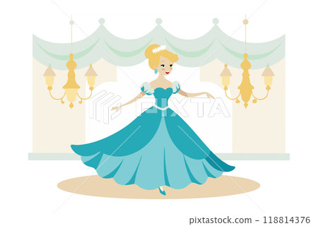 Illustration of an elegant princess in a blue dress dancing at a royal ball. The scene features chandeliers and a luxurious interior. 118814376