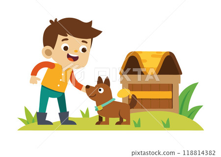 Joyful young boy petting a happy dog near a doghouse in an outdoor setting, cartoon style illustration Joyful young boy petting a happy dog near a doghouse in an outdoor setting, cartoon style illustration 118814382