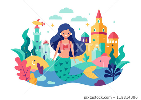 Vibrant and whimsical illustration of a mermaid underwater, surrounded by marine animals, plants, and a fantastical castle. 118814396