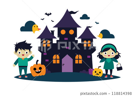 Illustration of cartoon children celebrating Halloween in front of a spooky haunted house with pumpkins, bats, and ghosts. 118814398