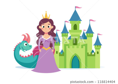 Colorful cartoon of a princess standing with a dragon and a fantasy castle in the background. Perfect for children's fairy tales and fantasy themes. Colorful cartoon of a princess standing with a dragon and a fantasy castle in the background. Perfect for children's fairy tales and fantasy themes. 118814404