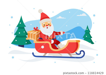Santa Claus on sleigh delivering gifts in snowy Christmas landscape illustration 118814429