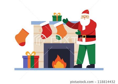 Santa Claus placing stockings on fireplace with Christmas gifts and decorations 118814432