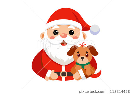 Cartoon Santa Claus holding a cute puppy in a Christmas costume 118814438
