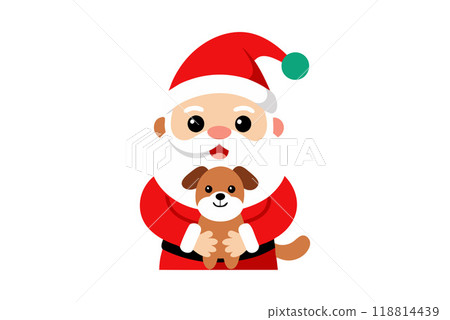 Cute cartoon Santa Claus holding a puppy in arms celebrating Christmas season 118814439