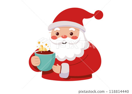 Cute cartoon Santa Claus drinking hot chocolate with marshmallow in festive holiday mug 118814440