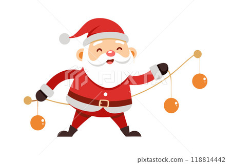 Happy cartoon Santa Claus holding Christmas ornaments and smiling, festive holiday illustration Happy cartoon Santa Claus holding Christmas ornaments and smiling, festive holiday illustration 118814442