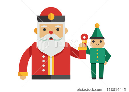Festive Christmas illustration with Santa Claus and elf in colorful holiday attire Festive Christmas illustration with Santa Claus and elf in colorful holiday attire 118814445