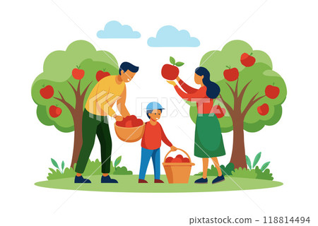 Family picking apples together in an orchard on a sunny day Family picking apples together in an orchard on a sunny day 118814494