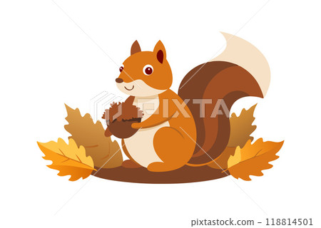 Cute squirrel holding an acorn surrounded by autumn leaves 118814501
