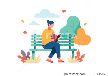 Woman reading a book on a park bench during autumn with colorful leaves Woman reading a book on a park bench during autumn with colorful leaves 118814507